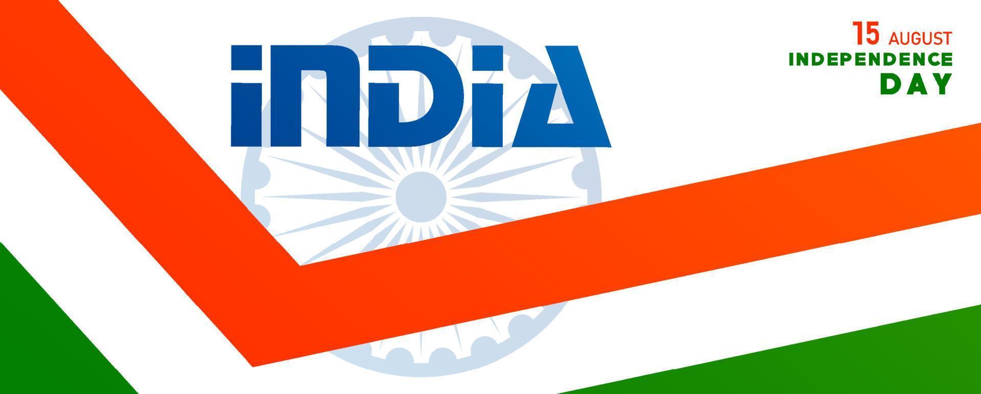 indischer unabhängigkeitstag, 15. august text in safranfarbenen zeichen mit indischen elementen und blauem ashok-rad auf farbigem hintergrund vektor