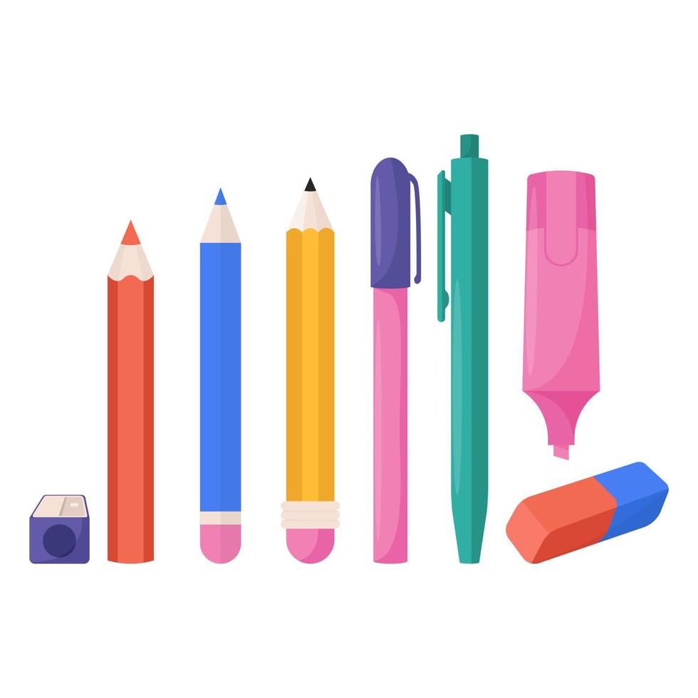 Schul- und Bildungsbedarf Sets von Gegenständen, bestehend aus Kugelschreiber, Bleistift, Radiergummi. Vektor-Illustration. vektor