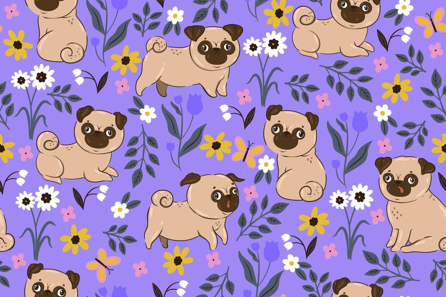 seamless mönster med mopsar och blommor. vektorgrafik. vektor