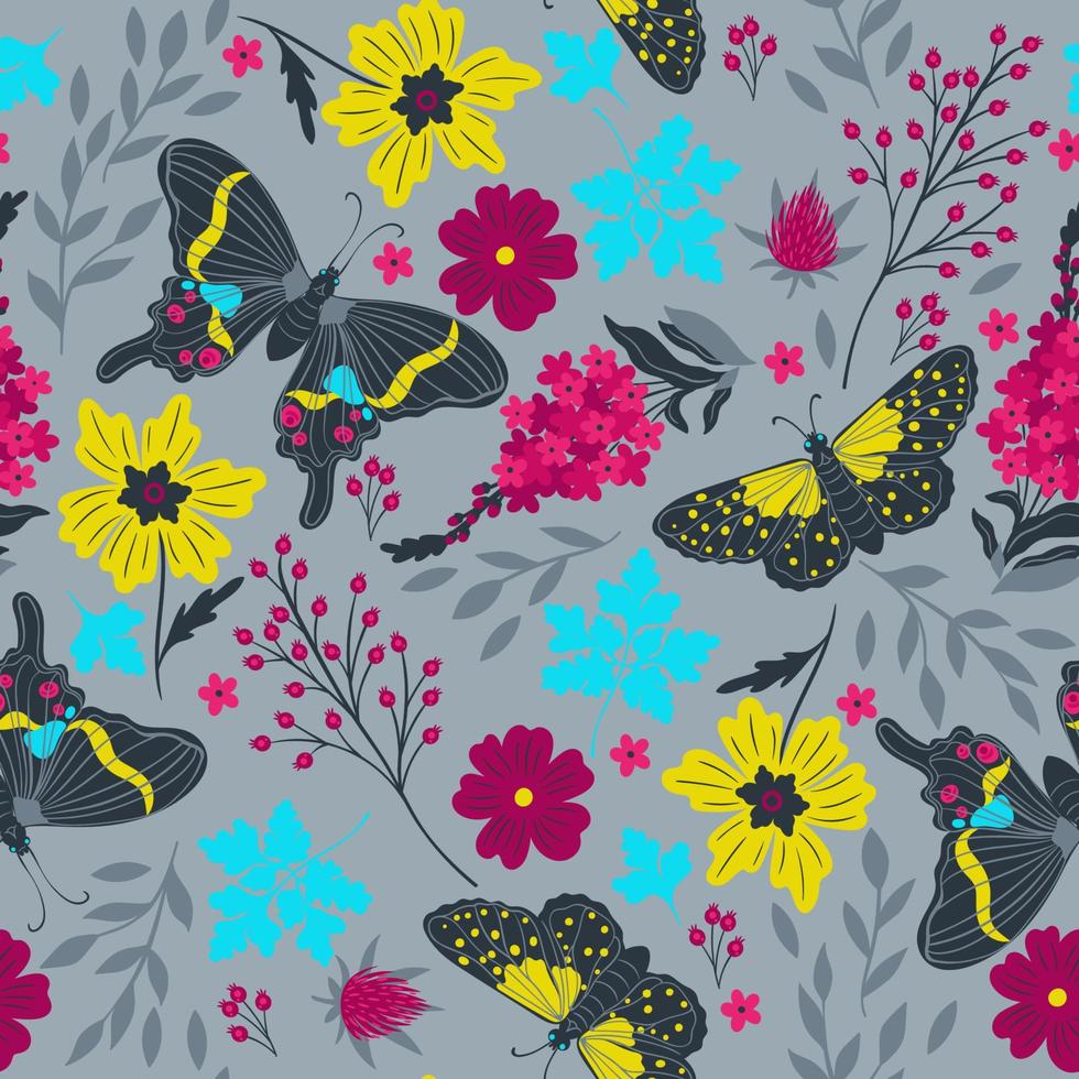 nahtloses Muster mit Schmetterlingen und Blumen. Vektorgrafiken. vektor