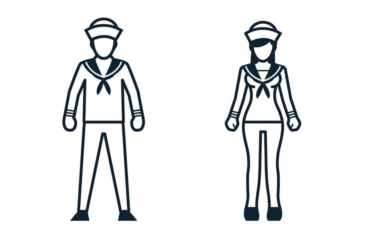 Ikonen der Marineseeleute, der Marinearmee, der Uniform und der Menschen vektor