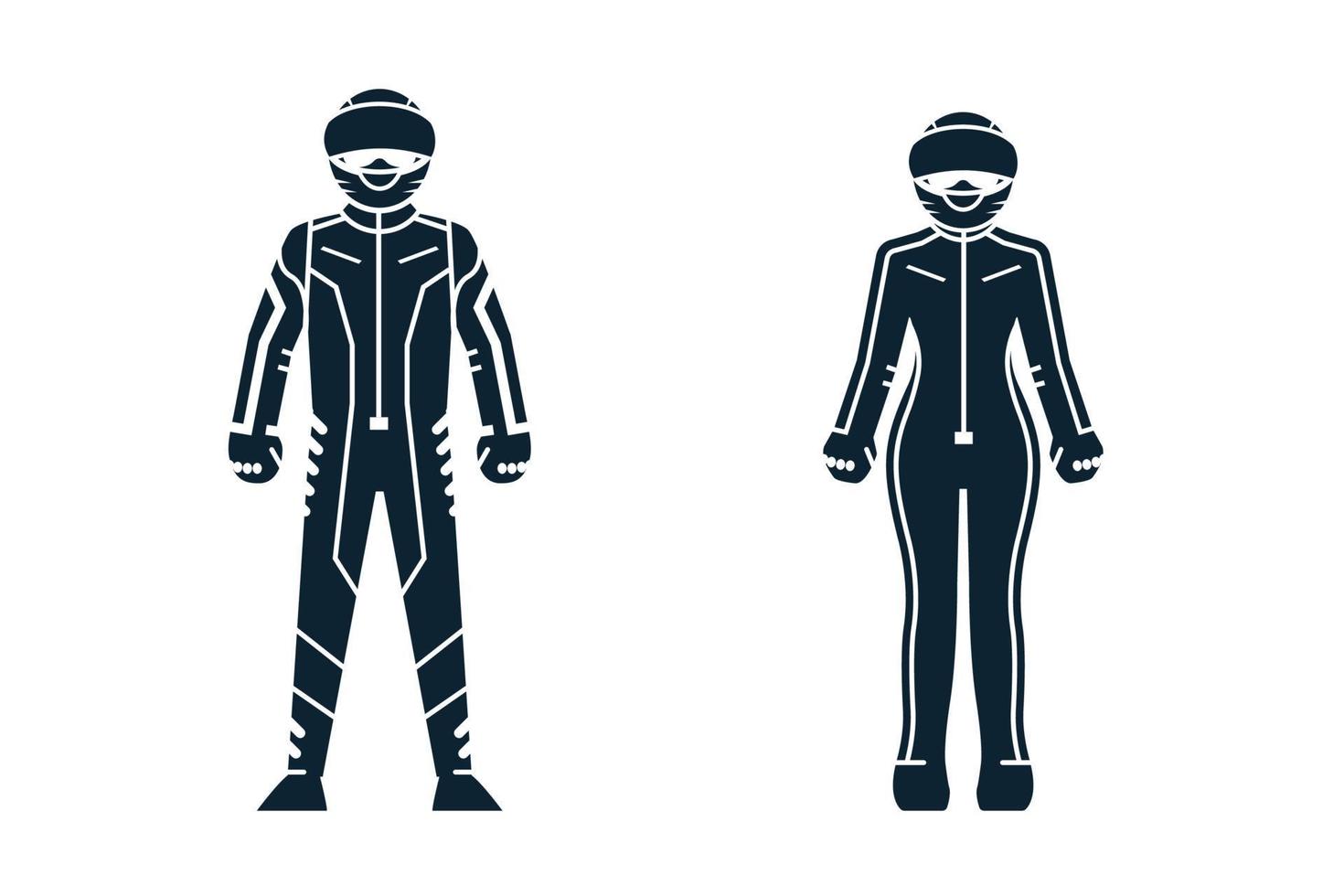 Motorradfahrer, Sportspieler, Menschen und Kleidungsikonen mit weißem Hintergrund vektor