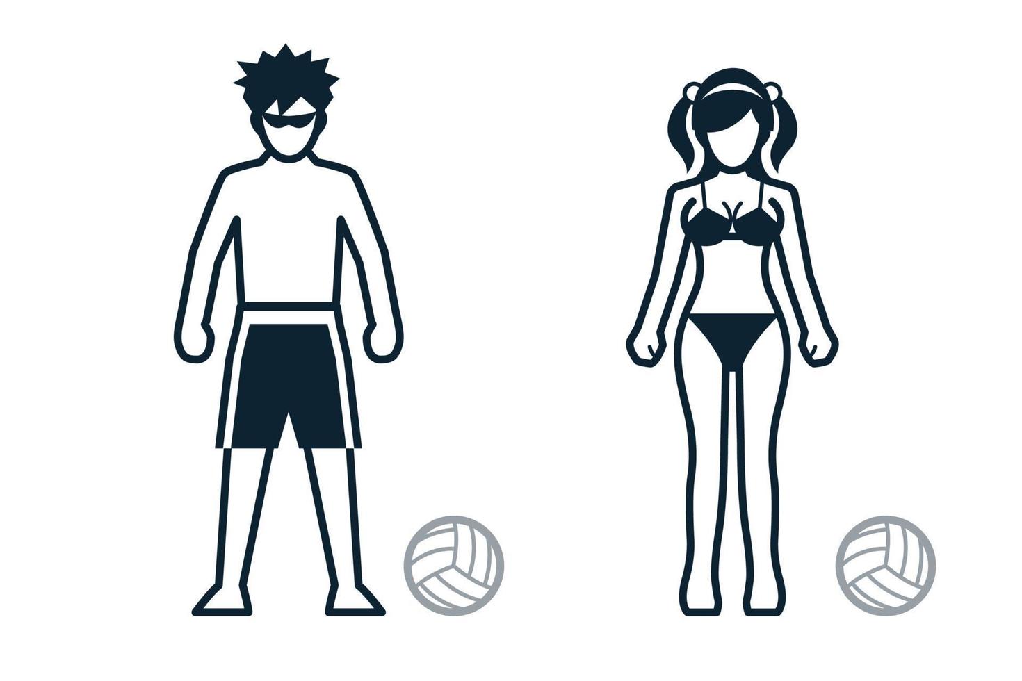 Beachvolleyball, Sportspieler, Menschen und Kleidungssymbole mit weißem Hintergrund vektor