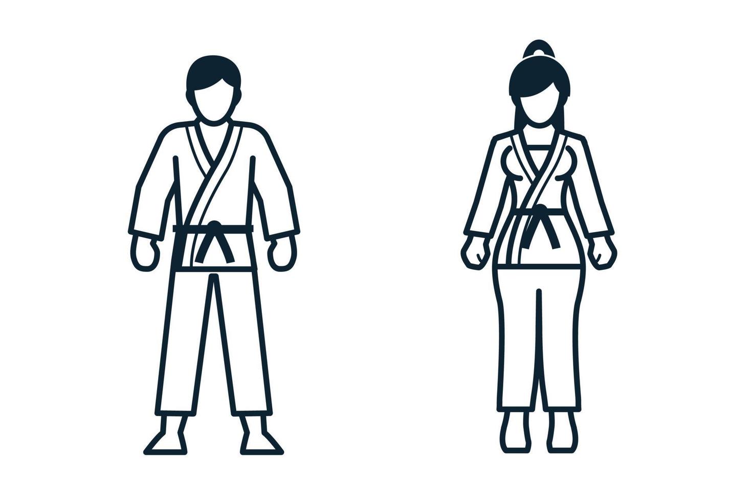 Karate, Sportspieler, Menschen und Kleidungsikonen mit weißem Hintergrund vektor