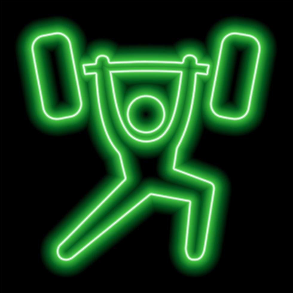 Neongrüne Kontur eines Gewichthebers, der eine Langhantel auf schwarzem Hintergrund hebt. vektor