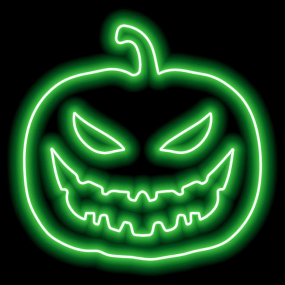 neongrüner kürbisumriss für halloween mit ausgeschnittenem bösem gesicht auf schwarzem hintergrund vektor