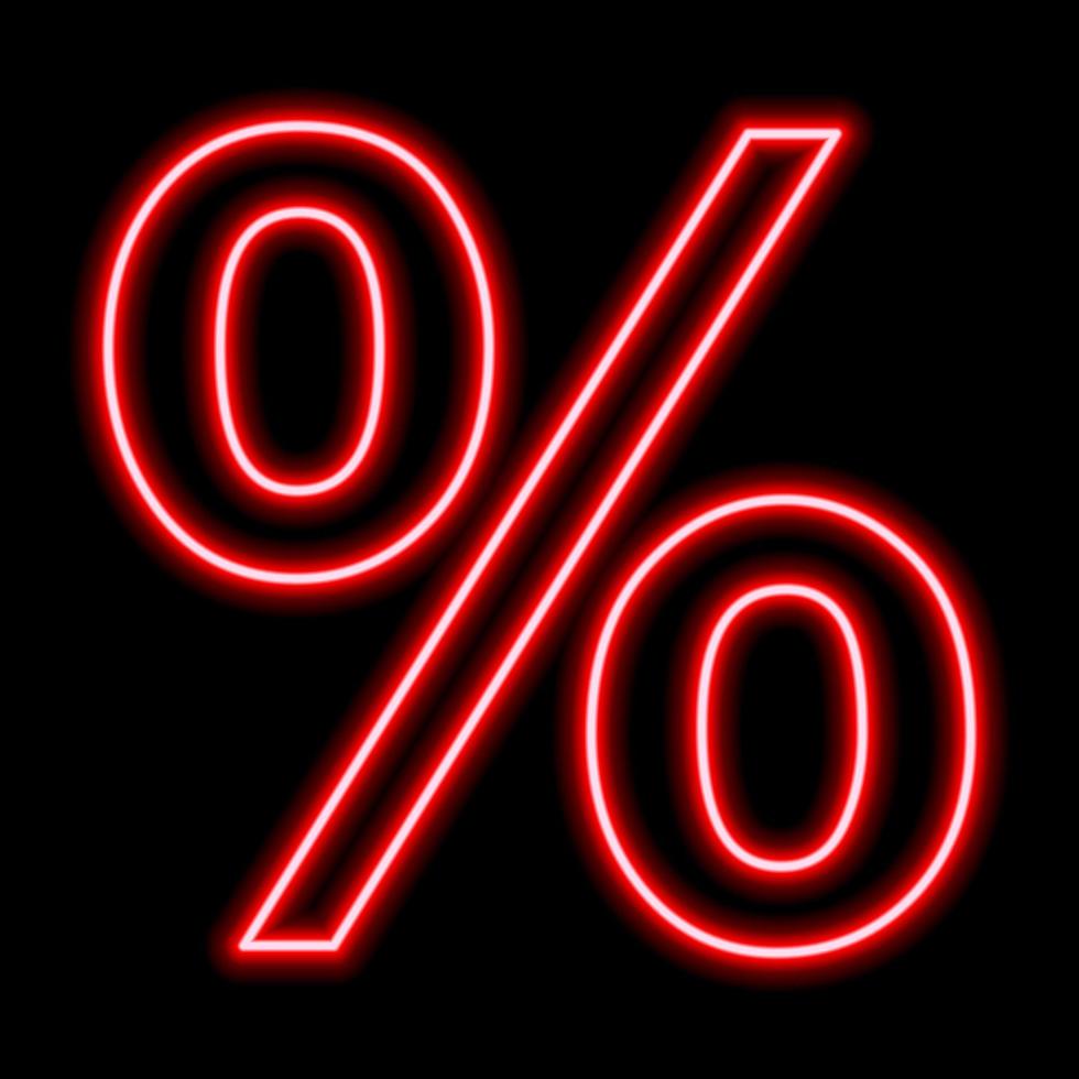 röd neon procentskylt på en svart bakgrund. finans, affärer, rabatt, förhållande vektor