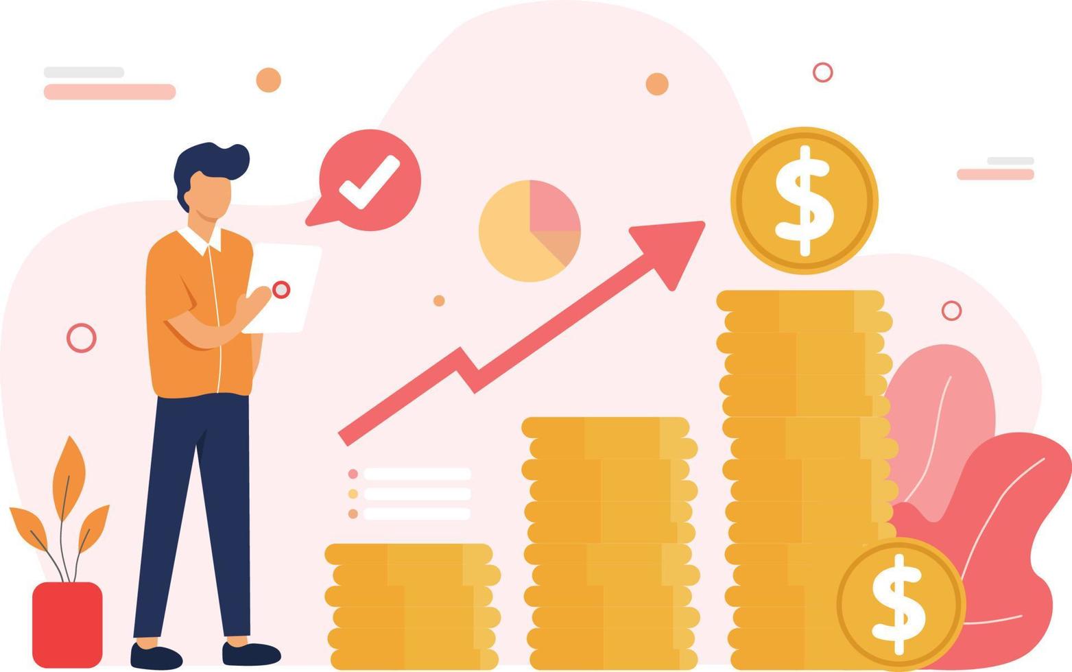 finanzanalytiker flache statistiken finanzieren diagrammvektorillustration. man finanzanalytiker, der mit steht, nehmen den flachen vektor des berichts.