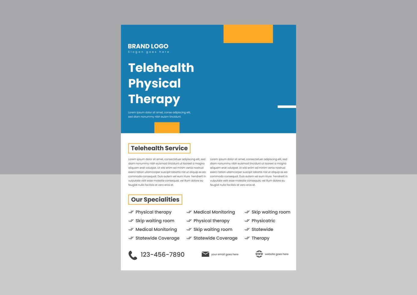 telehealth telemedicintjänster flyer affisch design. utformning av broschyrer för telehälsotjänster hemifrån. telemedicin tjänst tillgänglig flyer. vektor