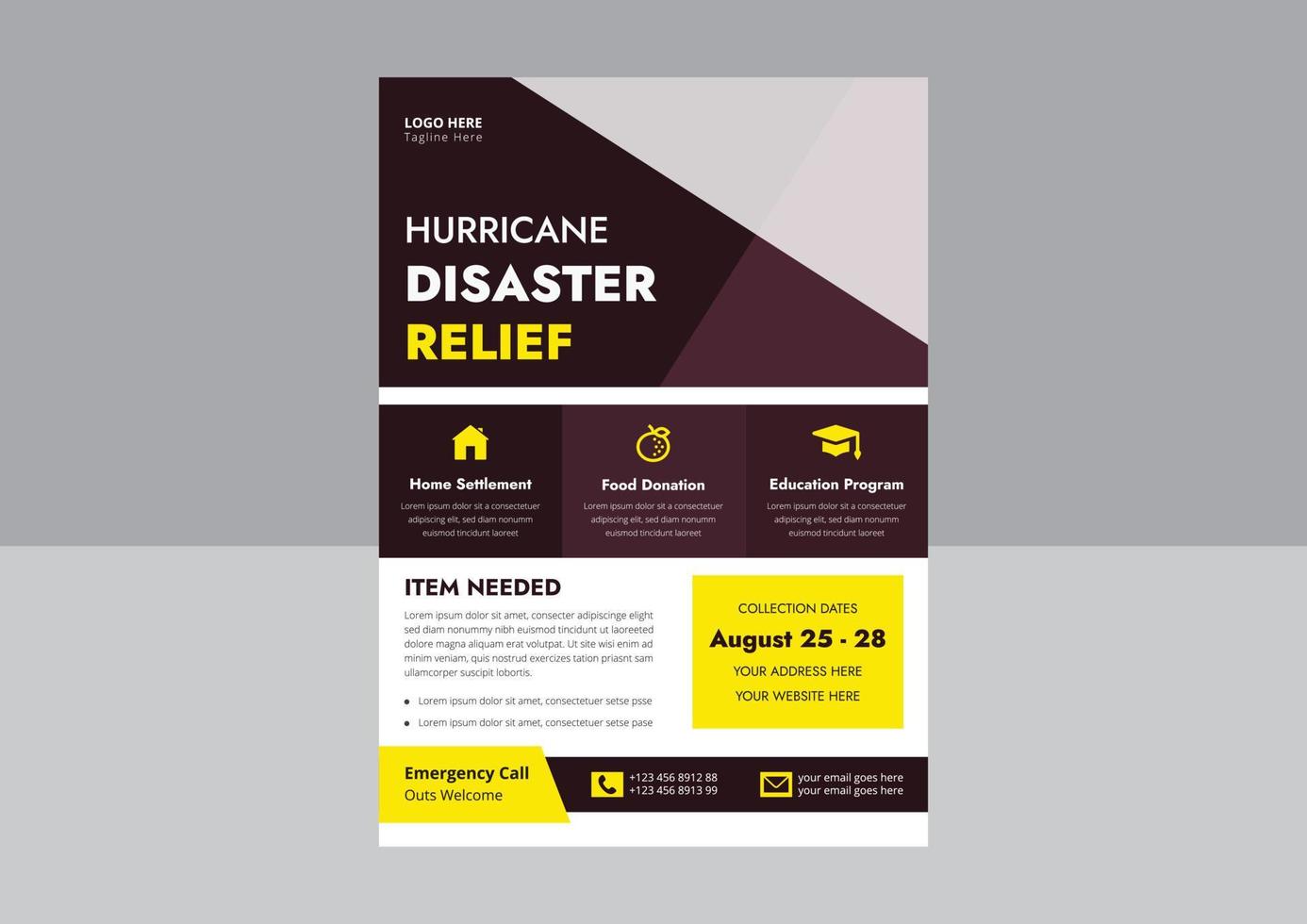 katastrofhjälp flyer designmall. flygblad för hjälp vid orkankatastrof. välgörenhet lättnad affisch broschyr design. omslag, flygblad design. vektor