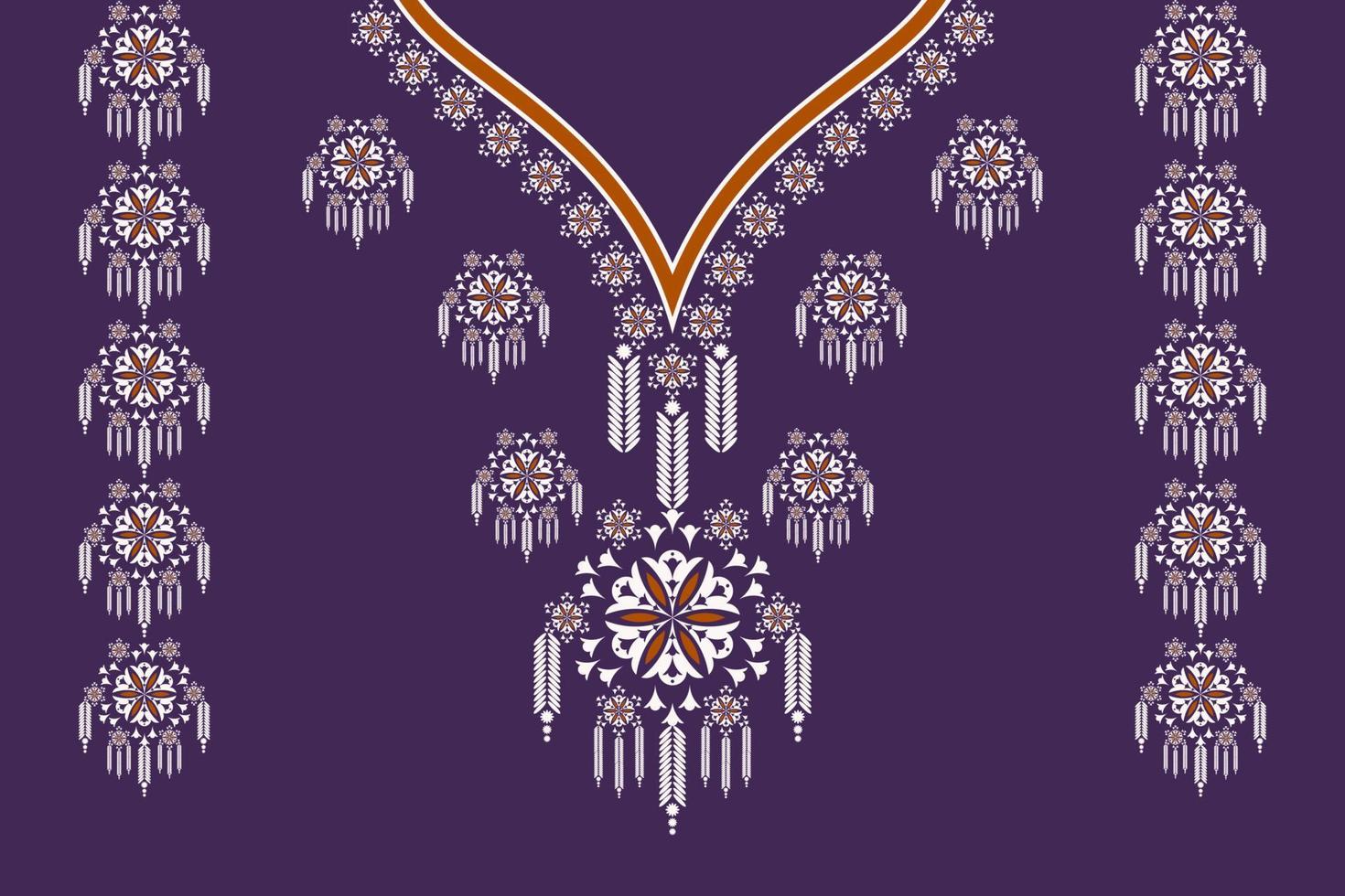Ethno-Halsstickerei, V-Form, geometrisches Blumenmuster-Design mit Uba auf violettem Hintergrund. Stammeskunstmode für Hemden. vektor