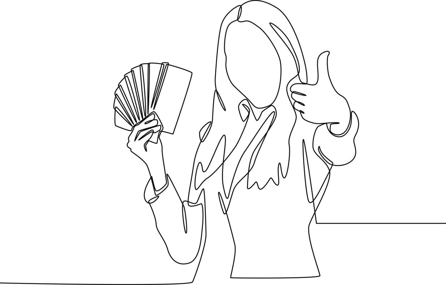 kontinuerlig en rad ritning glad affärskvinna som håller en massa pengar där höger hand. lön koncept. enda rad rita design vektorgrafisk illustration. vektor
