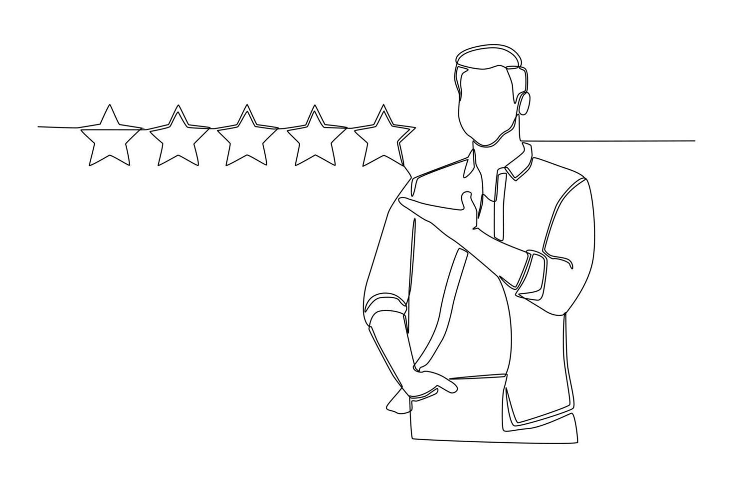 Kontinuierliche einzeilige Zeichnung Vertrauenskunde gibt 5-Sterne-Bewertung. Kundenzufriedenheitskonzept. einzeiliges zeichnen design vektorgrafik illustration. vektor