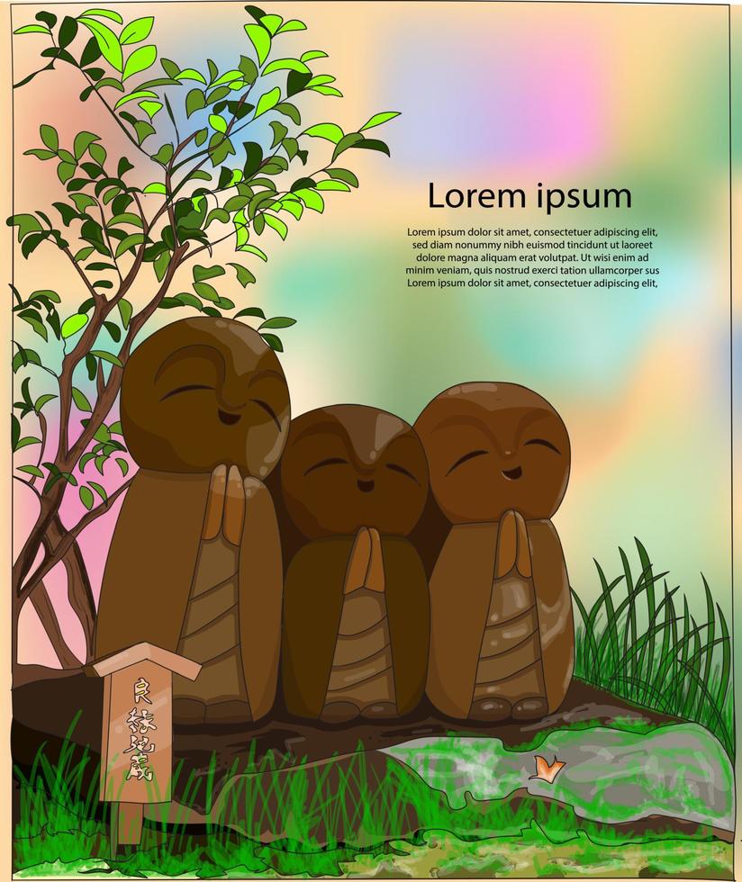 en staty av zensten och en staty av jizobodhisattva. japansk traditionell staty jizo är väktaren av barn och resenärer i en uppsättning buddhistiska karaktärssymboler vektorillustration vektor