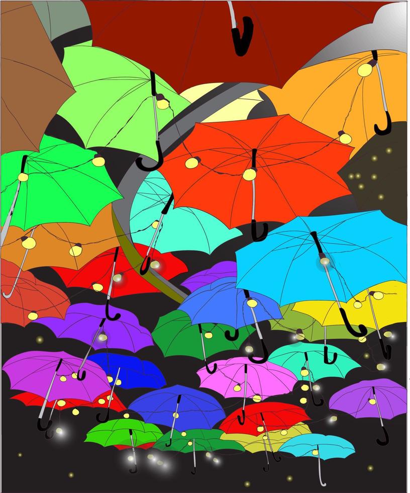 färgglada paraply bakgrund. färgglada paraplyer på himlen. gatuutsmyckning vektor