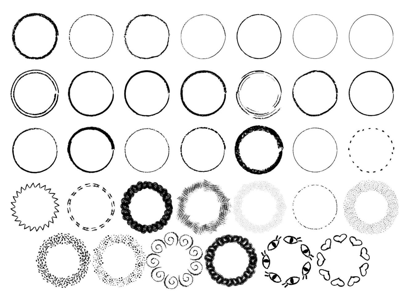 grunge cirklar set. handritade krita streck. olika runda borstcirklar med prickar, hjärtan, ögon och abstrakta linjer. vektor illustration.