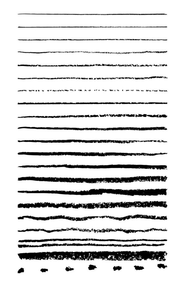 Vektor-Set von Buntstiftpinseln. Kreidepastell-Grunge-Linien mit Texturen. hand gezeichnete schwarze pinselstriche auf weißem hintergrund. dicke und dünne Linien. vektor