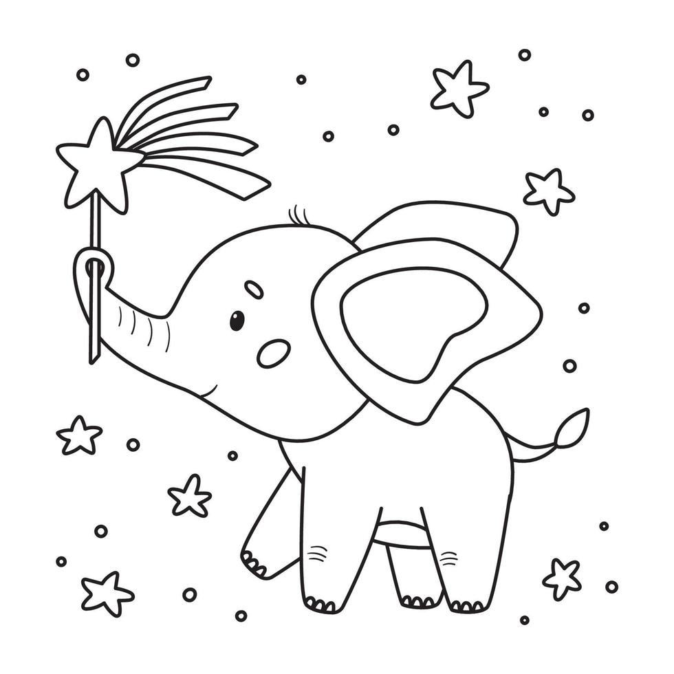 Schwarz-Weiß-Umriss-Malseite für Kinder. süßer Cartoon-Elefant mit Zauberstab. Vektor-Illustration. vektor