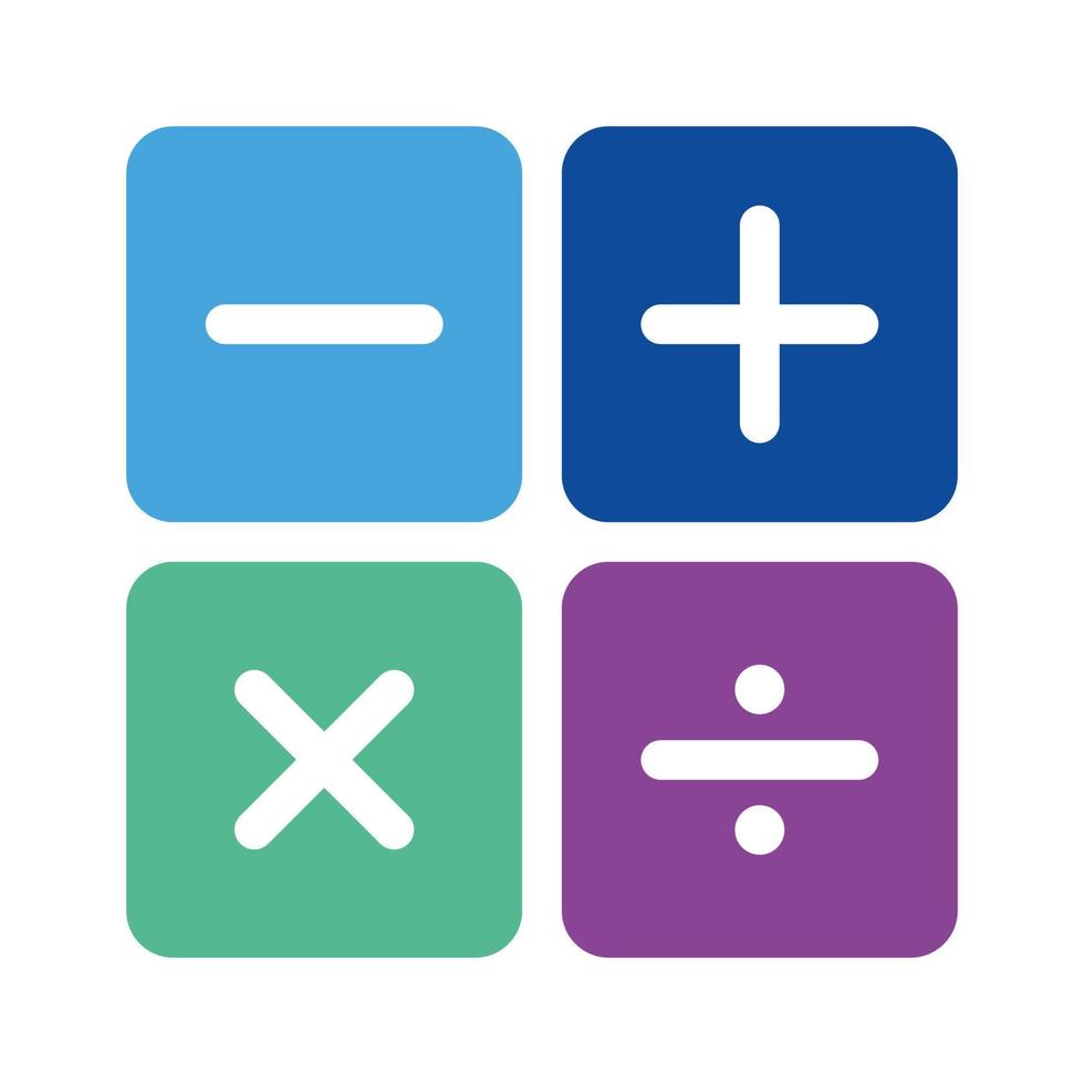 Mathematik. vollfarbiges Rechnersymbol für das Design der Rechner-App-Schnittstelle. blau, dunkelblau, grün, lila. leicht abgerundete Grundelemente des Grafikdesigns. plus, minus, mal gleich. vektor