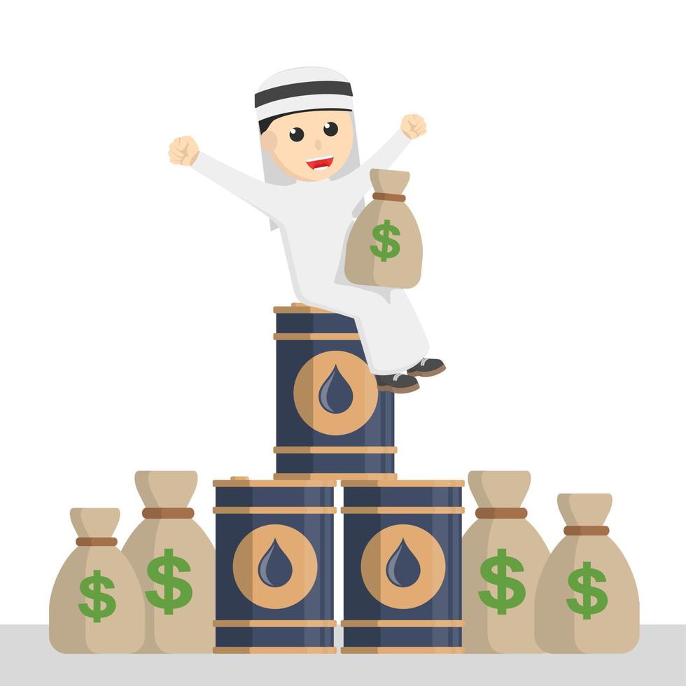 affärsman arabiska sitter i oljetank och pengar design karaktär på vit bakgrund vektor