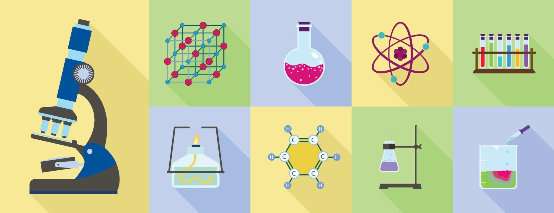 Chemie-Wissenschaft-Icon-Set, flacher Stil vektor