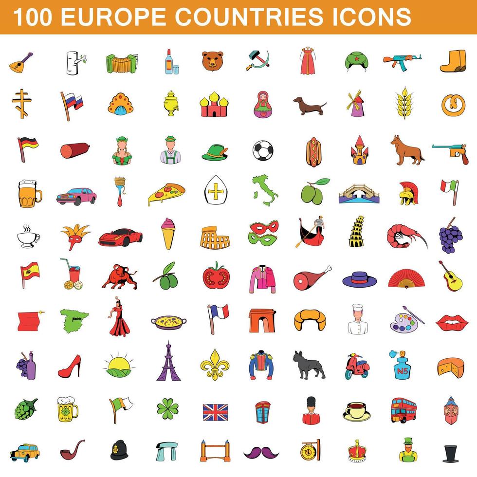 100 europäische Ländersymbole im Cartoon-Stil vektor