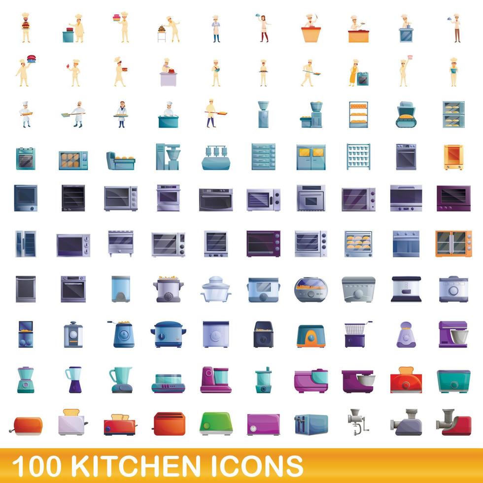 100 kök ikoner set, tecknad stil vektor
