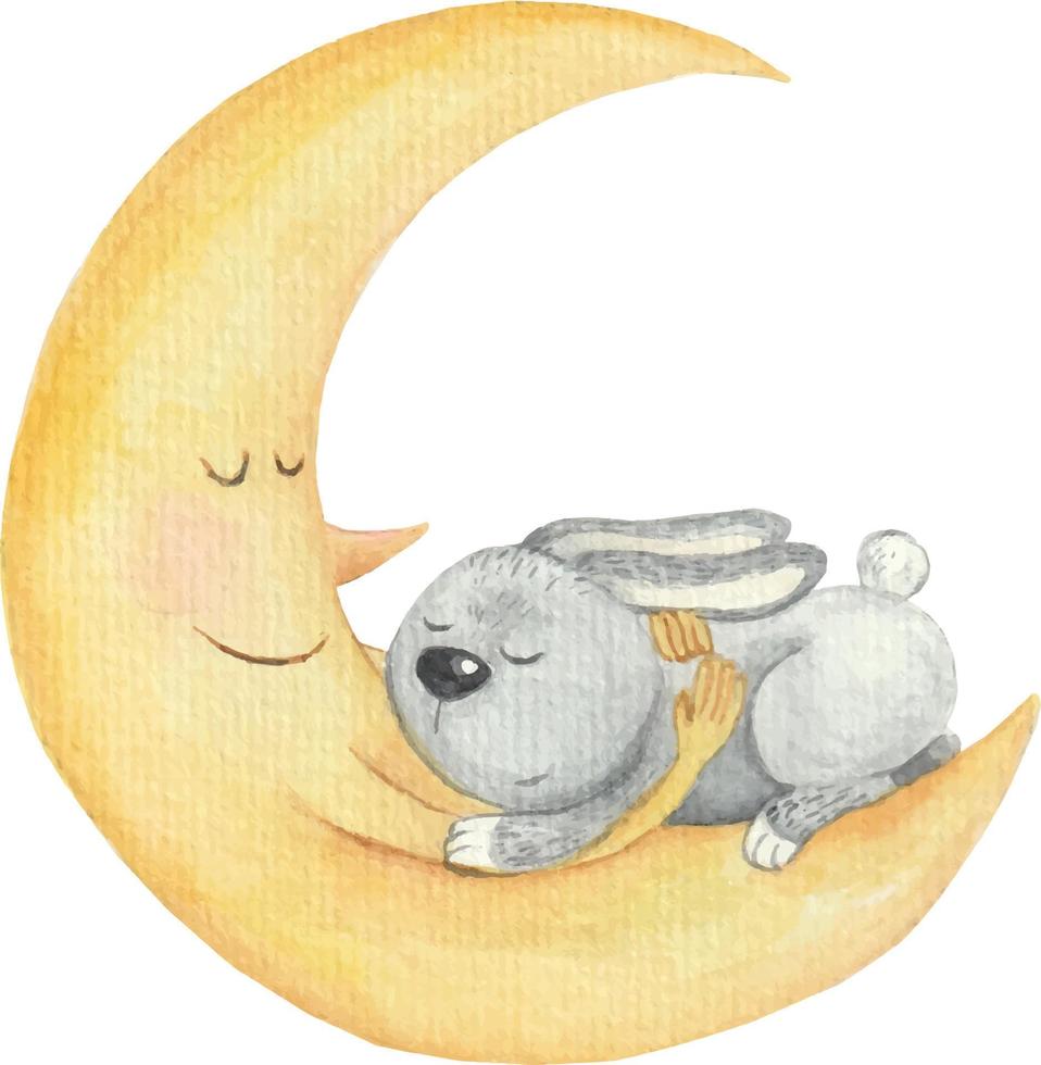 söta barns illustration av en kanin som sover på månen vektor
