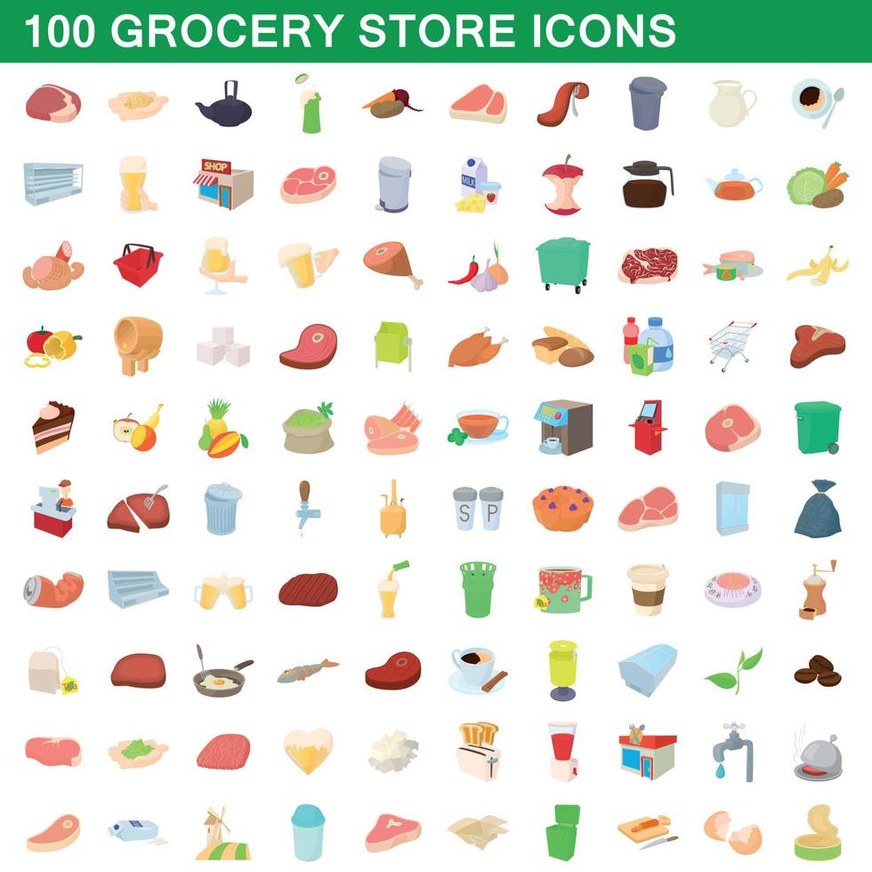 100 livsmedelsbutik ikoner set, tecknad stil vektor