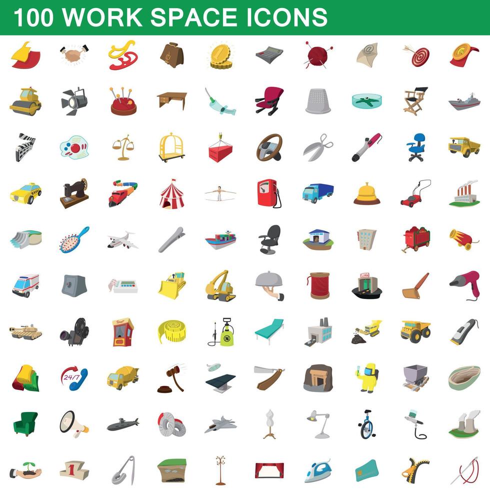 100 arbetsyta ikoner set, tecknad stil vektor