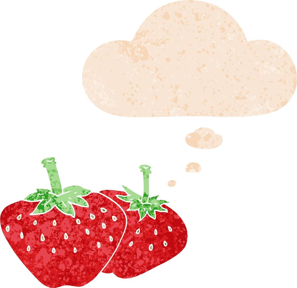tecknad jordgubbe och tankebubbla i retro texturerad stil vektor