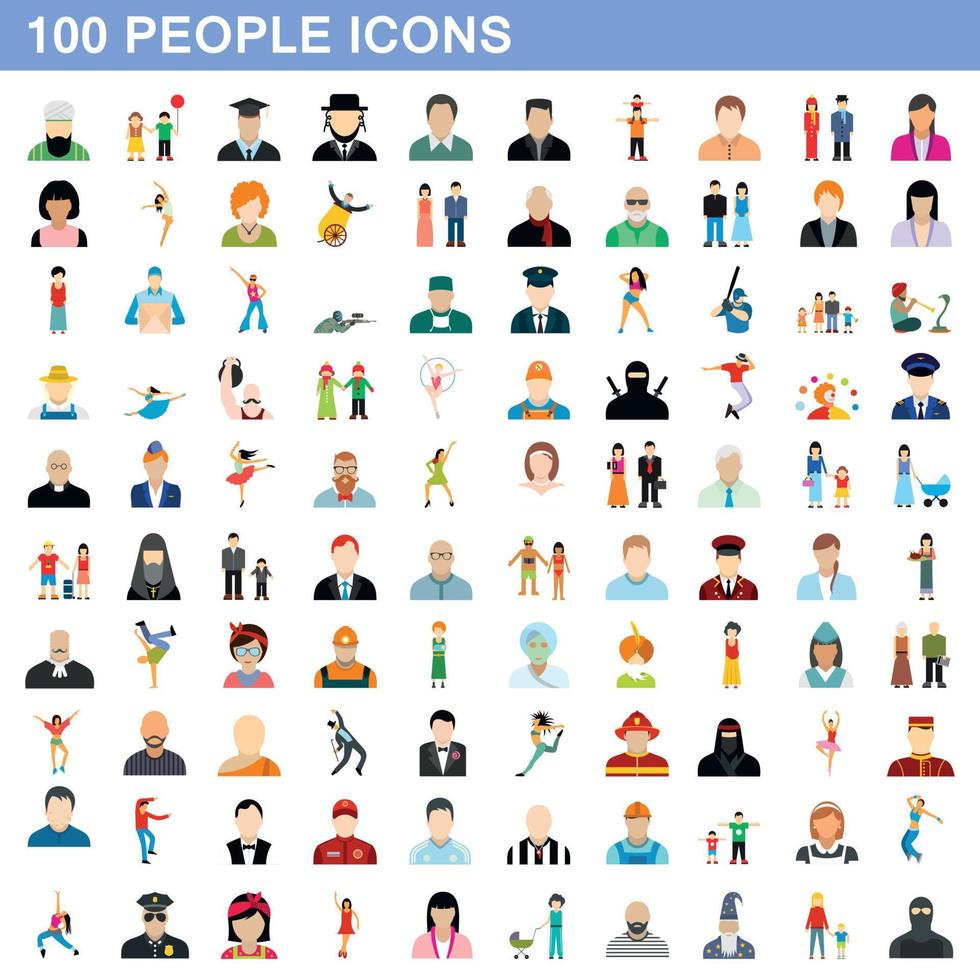 100 personer ikoner set, platt stil vektor