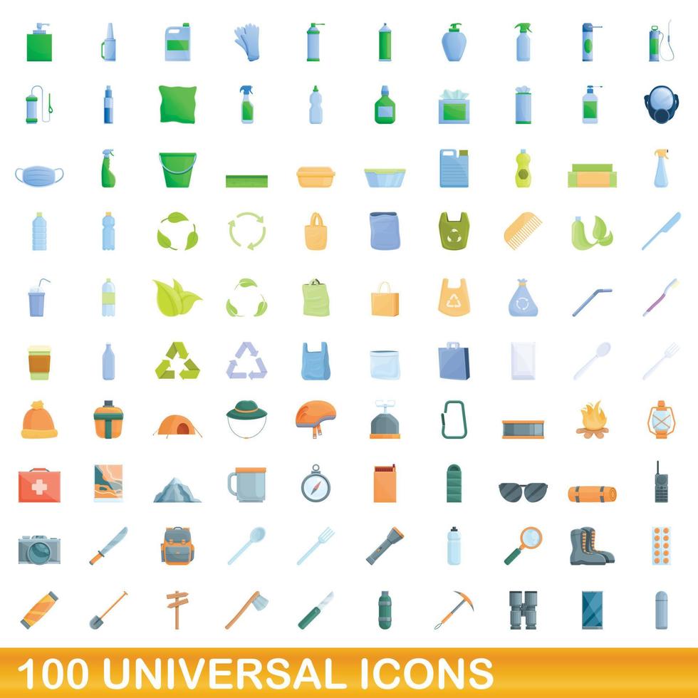 100 universella ikoner set, tecknad stil vektor