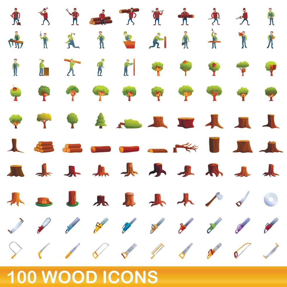 100 trä ikoner set, tecknad stil vektor
