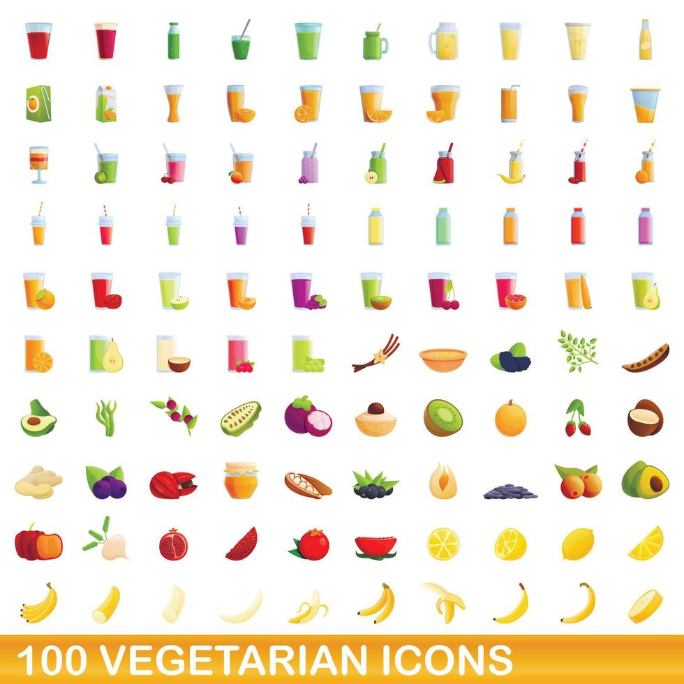 100 vegetariska ikoner set, tecknad stil vektor