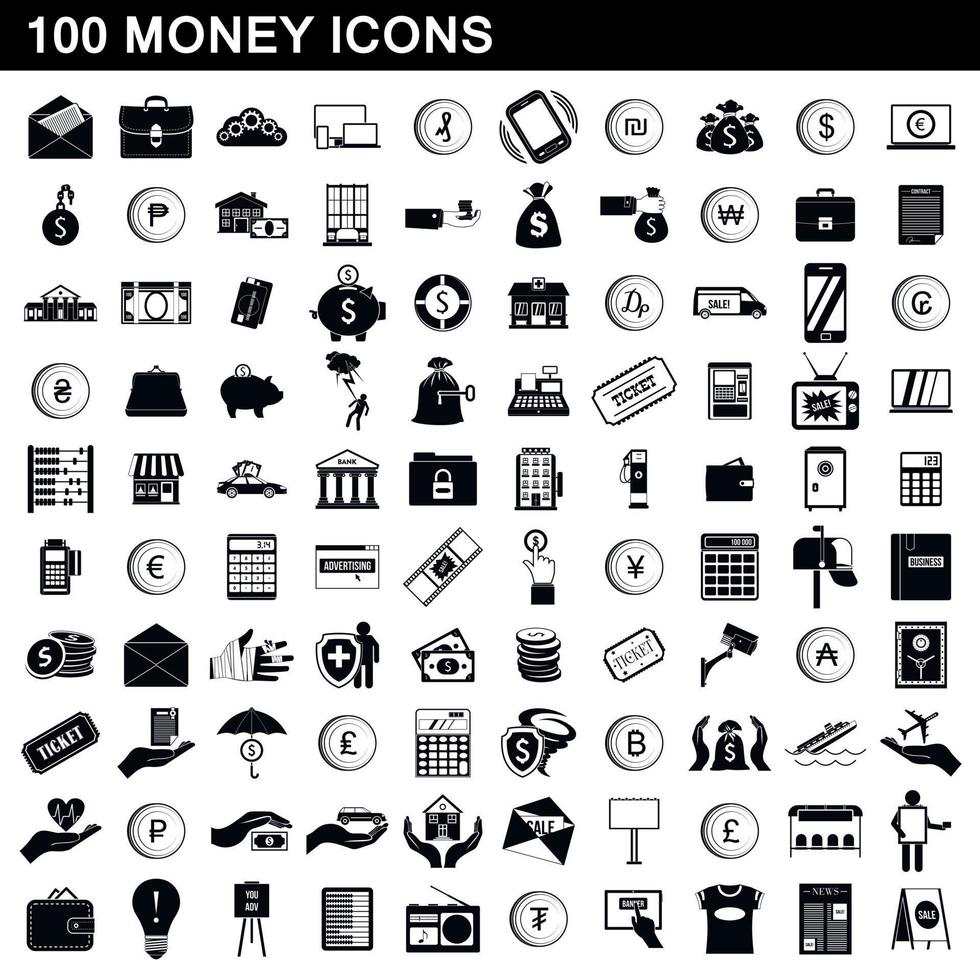 100 Geldsymbole gesetzt, einfacher Stil vektor