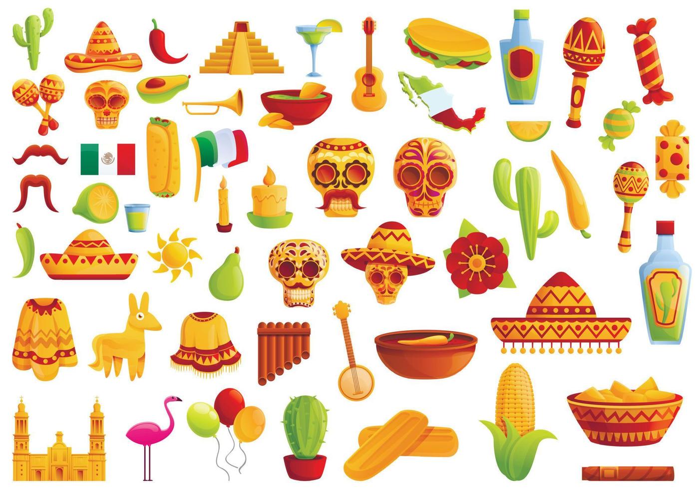 Mexiko ikoner set, tecknad stil vektor