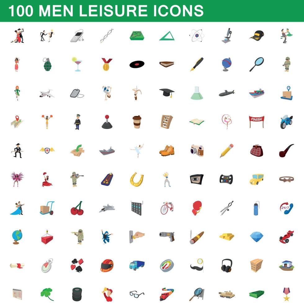 100 män fritid ikoner set, tecknad stil vektor