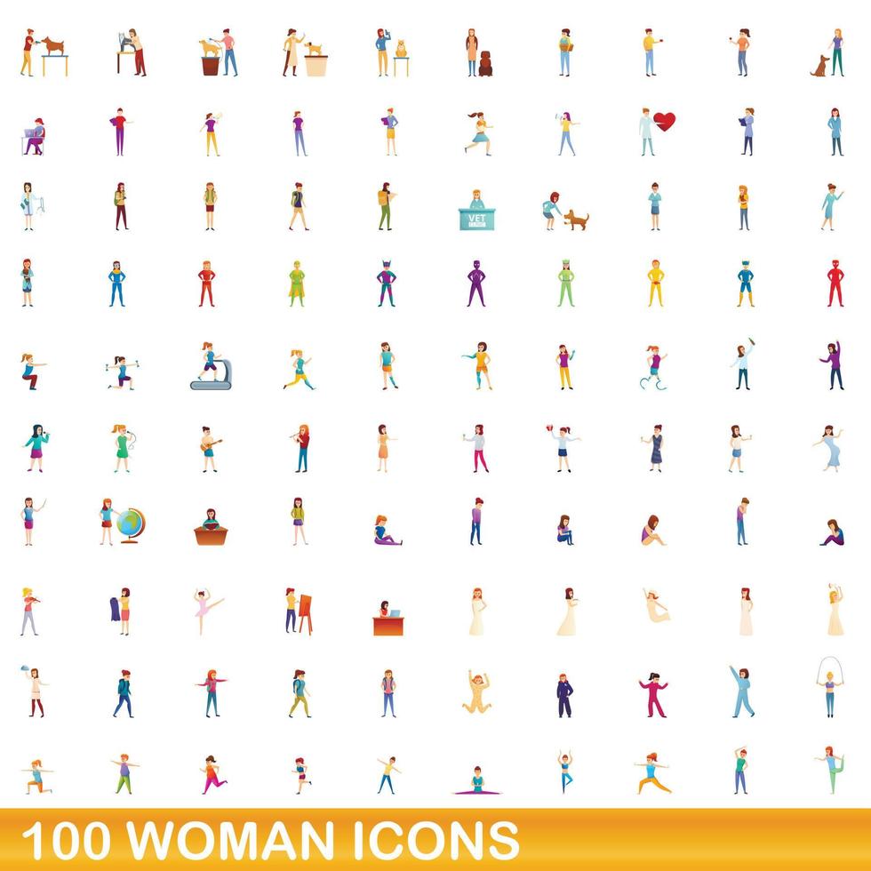 100 kvinna ikoner set, tecknad stil vektor