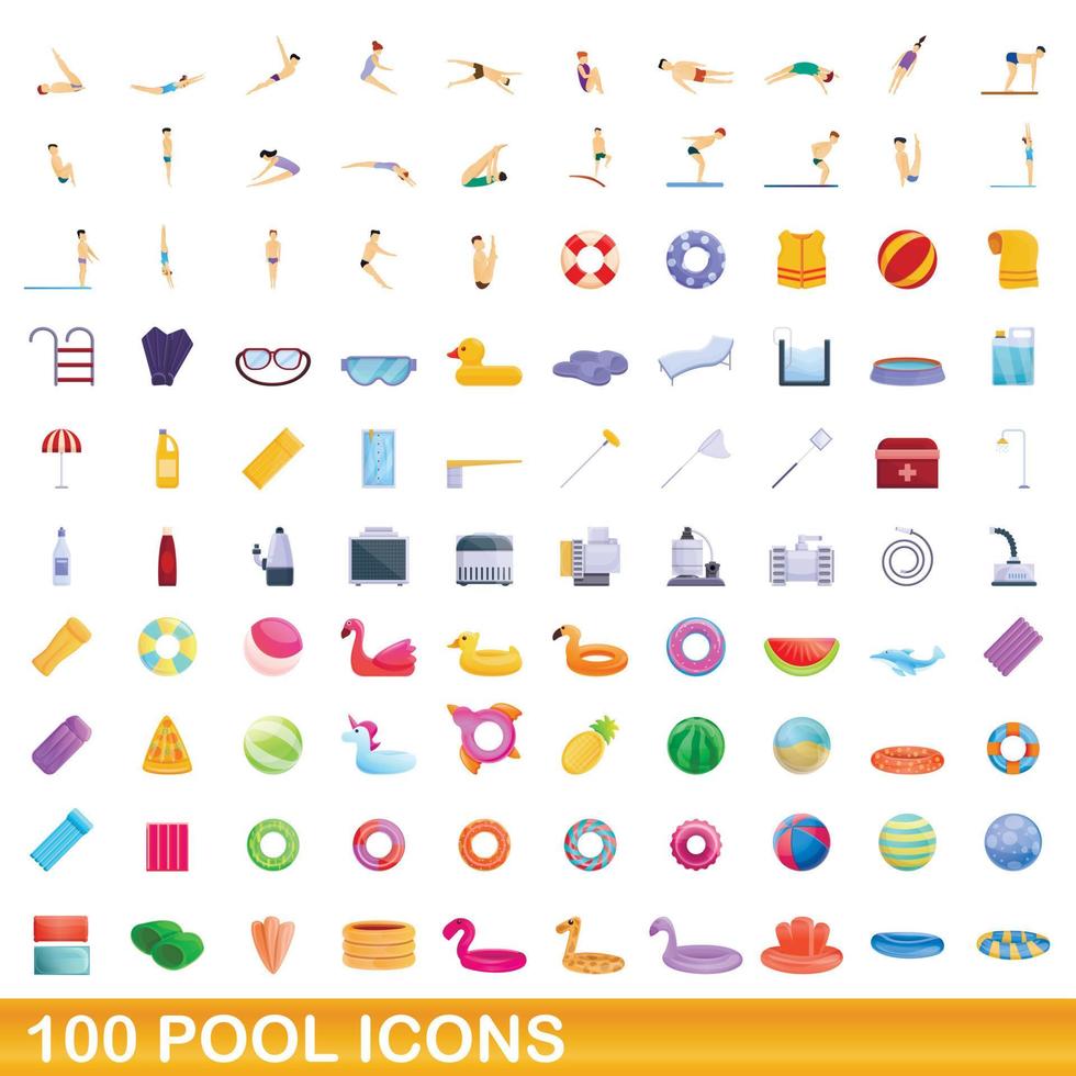 100 pool ikoner set, tecknad stil vektor