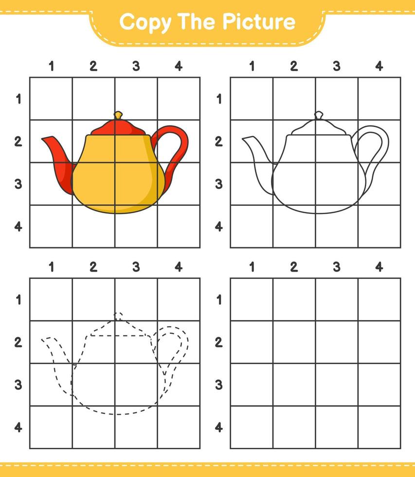 Kopieren Sie das Bild, kopieren Sie das Bild der Teekanne mit Gitterlinien. pädagogisches kinderspiel, druckbares arbeitsblatt, vektorillustration vektor