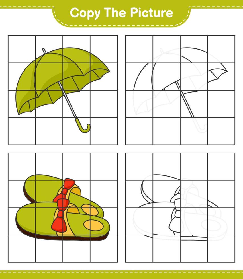 kopiera bilden, kopiera bilden av tofflor och paraply med hjälp av rutnätslinjer. pedagogiskt barnspel, utskrivbart kalkylblad, vektorillustration vektor