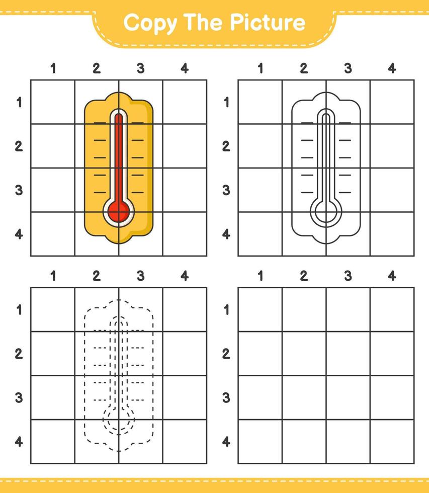 kopiera bilden, kopiera bilden av termometern med hjälp av rutnätslinjer. pedagogiskt barnspel, utskrivbart kalkylblad, vektorillustration vektor