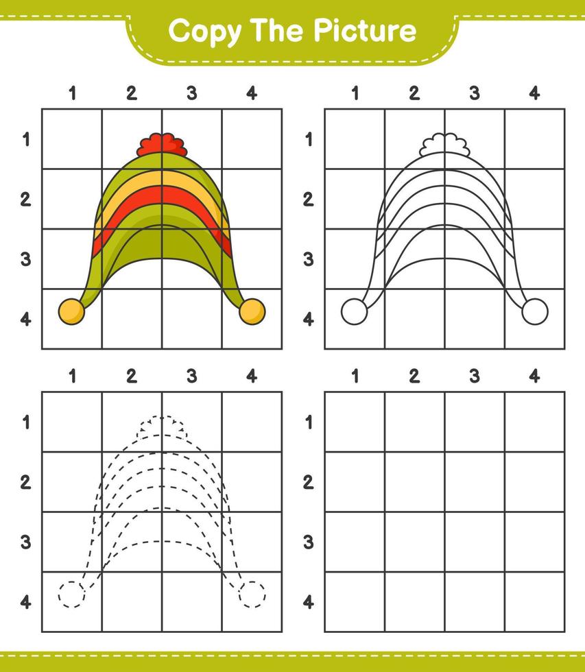 kopiera bilden, kopiera bilden av hatten med hjälp av rutnätslinjer. pedagogiskt barnspel, utskrivbart kalkylblad, vektorillustration vektor