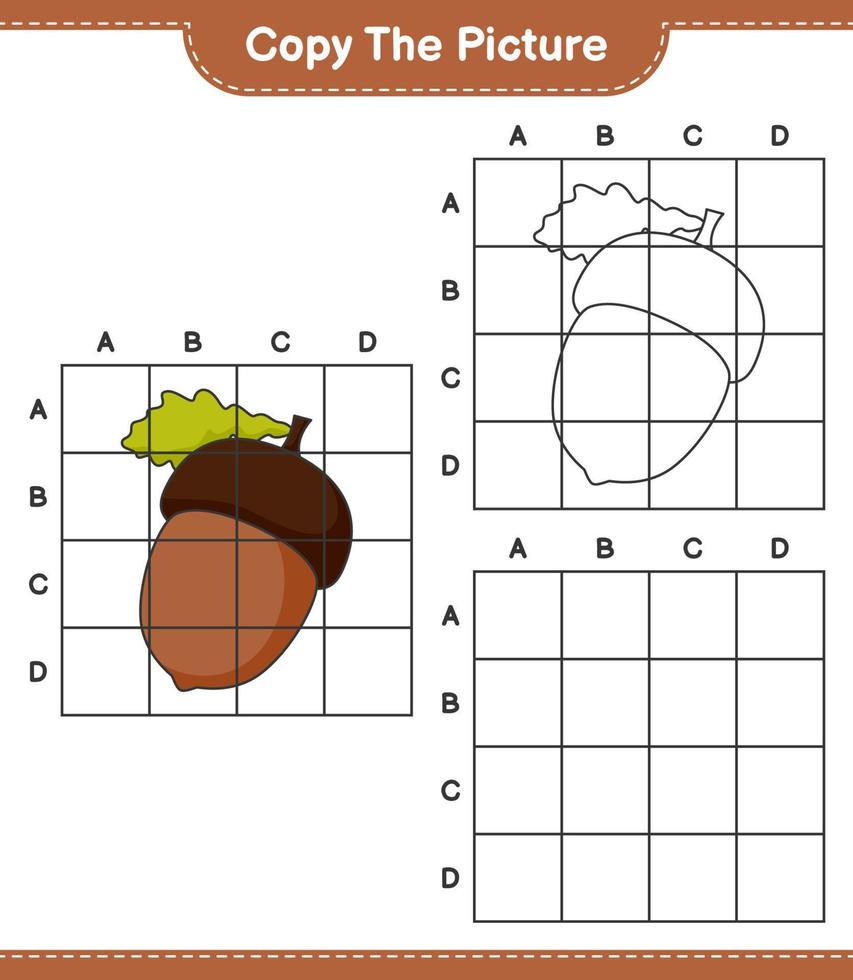 kopiera bilden, kopiera bilden av ekollon med hjälp av rutnätslinjer. pedagogiskt barnspel, utskrivbart kalkylblad, vektorillustration vektor