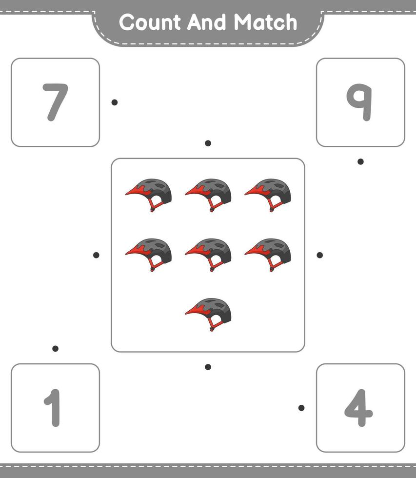 räkna och matcha, räkna antalet cykelhjälmar och matcha med rätt siffror. pedagogiskt barnspel, utskrivbart kalkylblad, vektorillustration vektor