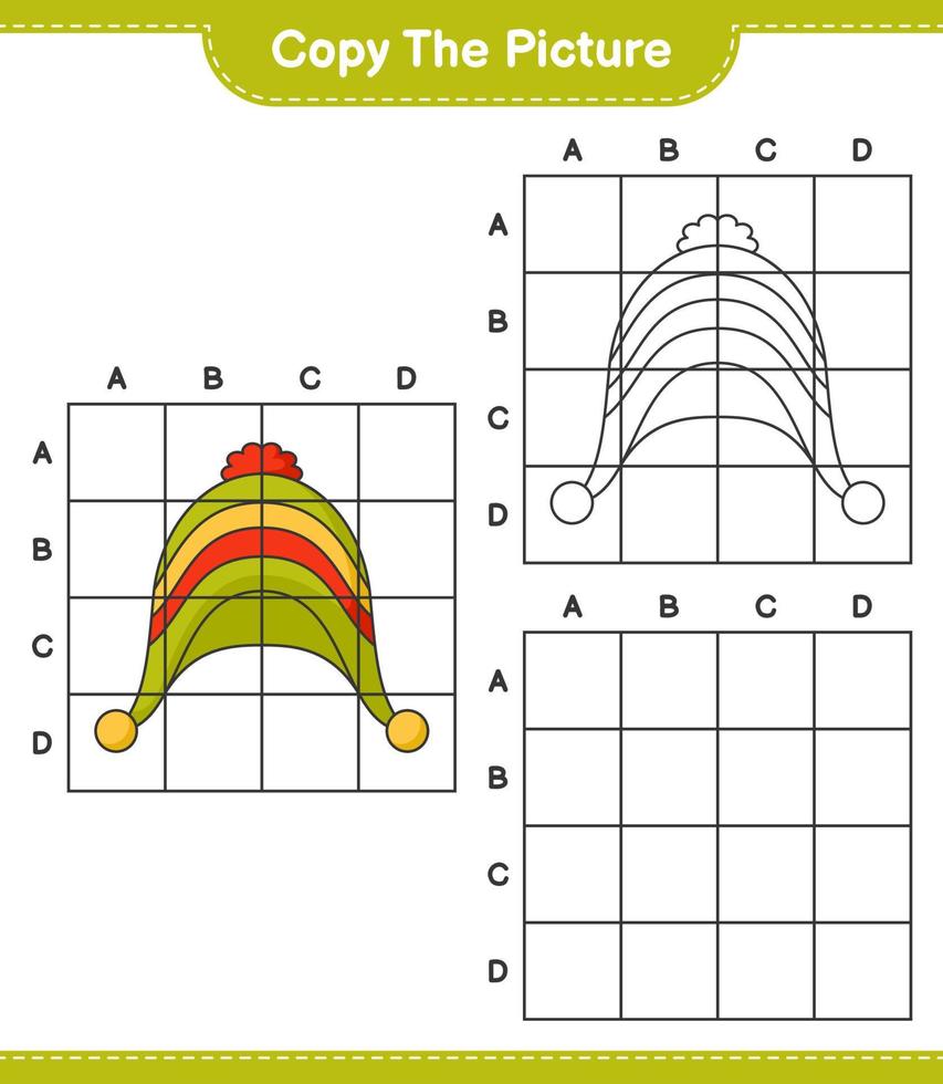 Kopieren Sie das Bild, kopieren Sie das Bild des Hutes mit Gitterlinien. pädagogisches kinderspiel, druckbares arbeitsblatt, vektorillustration vektor