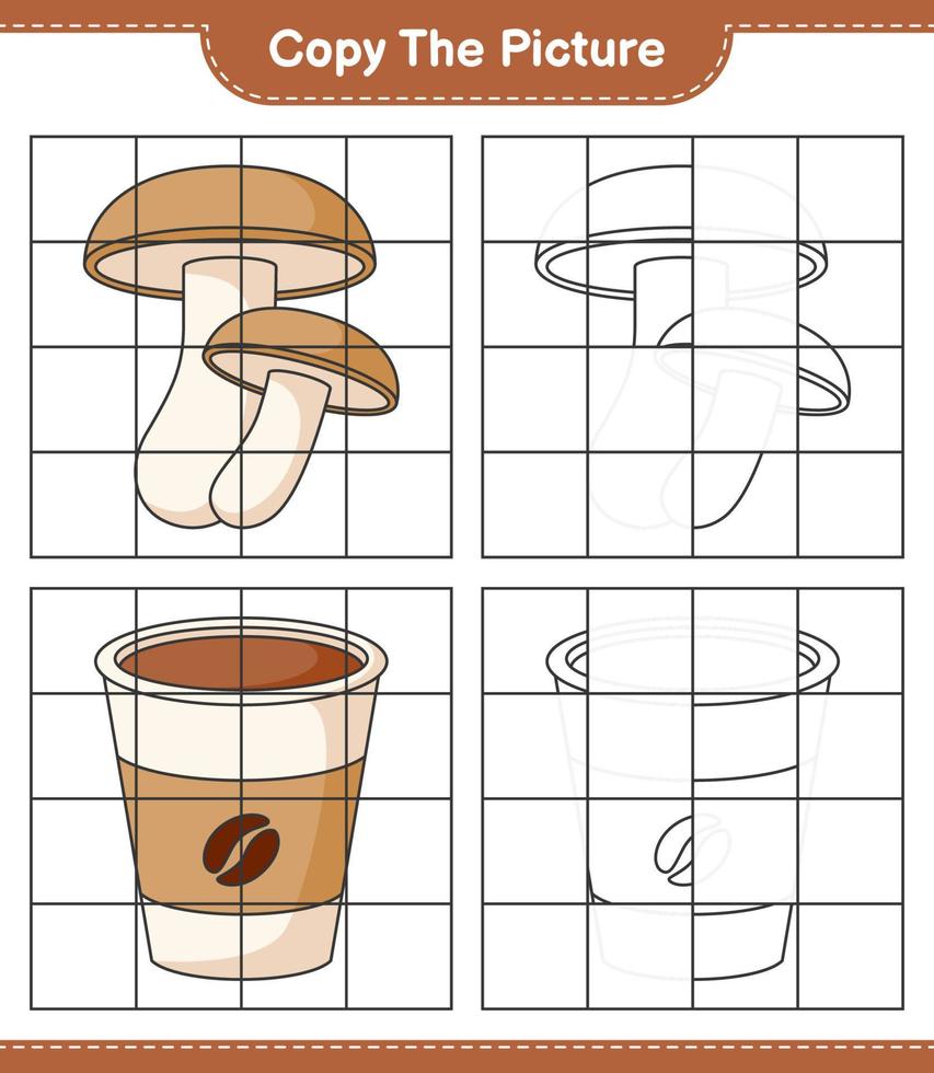 kopiera bilden, kopiera bilden av shiitake och kaffekoppen med hjälp av rutnätslinjer. pedagogiska barn spel, utskrivbara kalkylblad, vektor illustration
