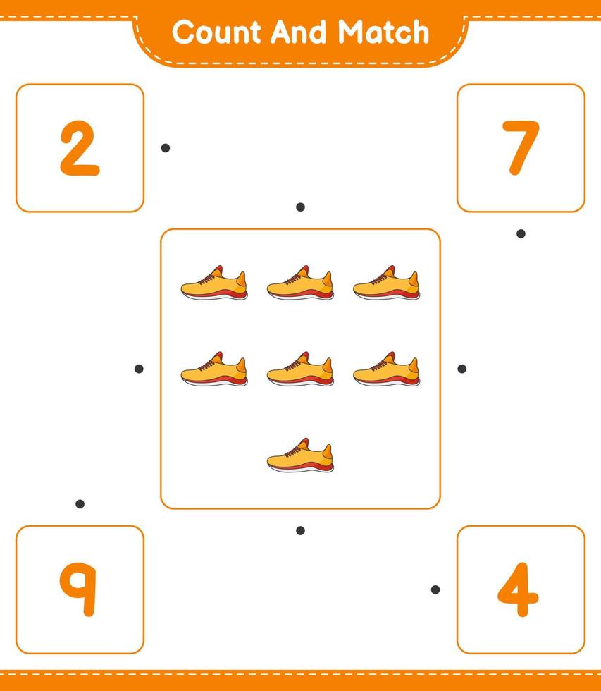 Zähle und kombiniere, zähle die Anzahl der Laufschuhe und verbinde sie mit den richtigen Zahlen. pädagogisches kinderspiel, druckbares arbeitsblatt, vektorillustration vektor