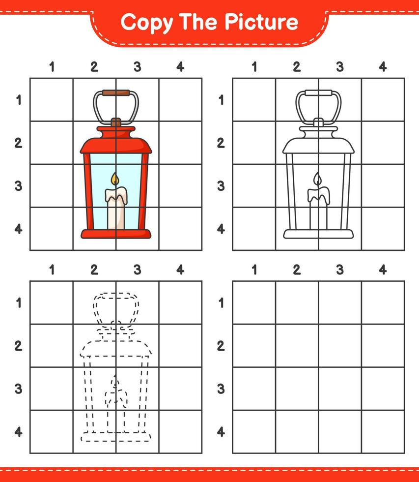 Kopieren Sie das Bild, kopieren Sie das Bild der Laterne mit Gitterlinien. pädagogisches kinderspiel, druckbares arbeitsblatt, vektorillustration vektor